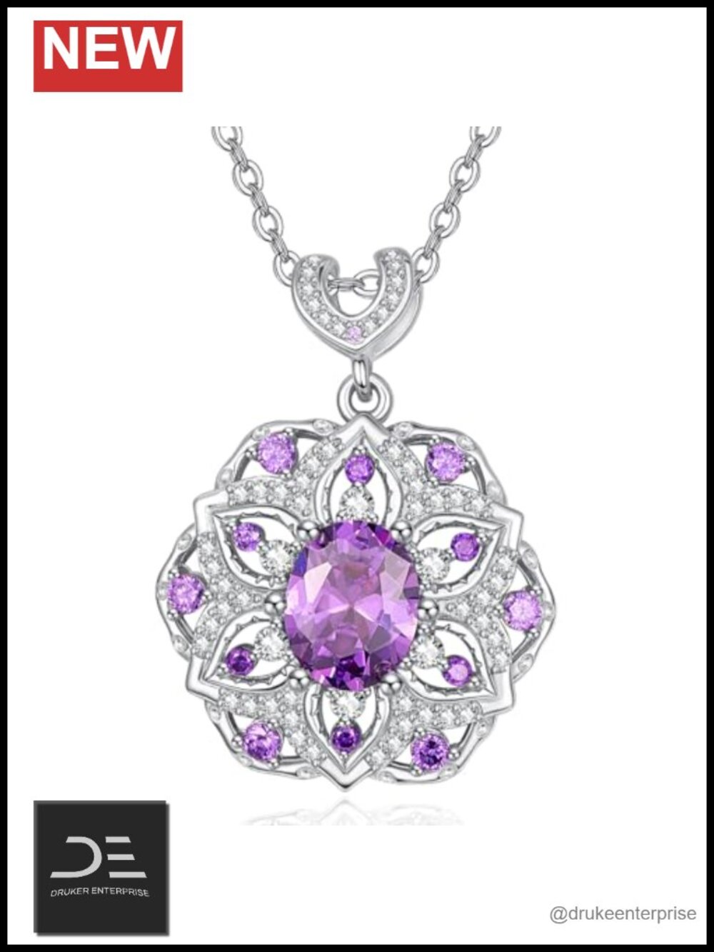 925 Sterling Silver Lotus Pendant Necklace with Purple Cubic Zirconia,